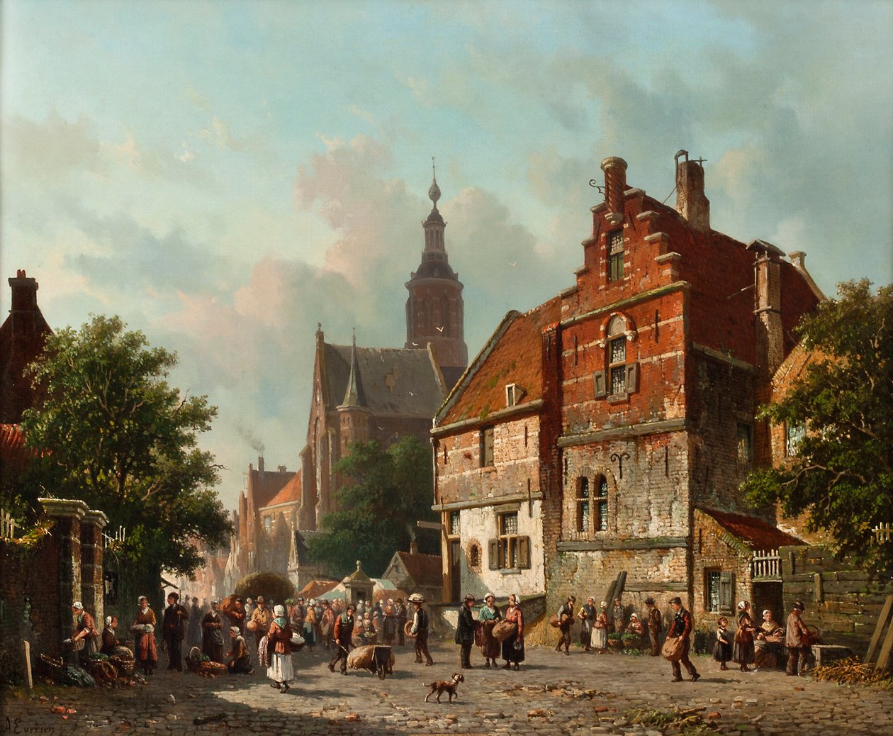 Nyári holland piac, 19. század alkotó: Adrianus Eversen