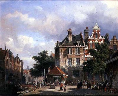 Egy holland utcai jelenet alkotó: Adrianus Eversen