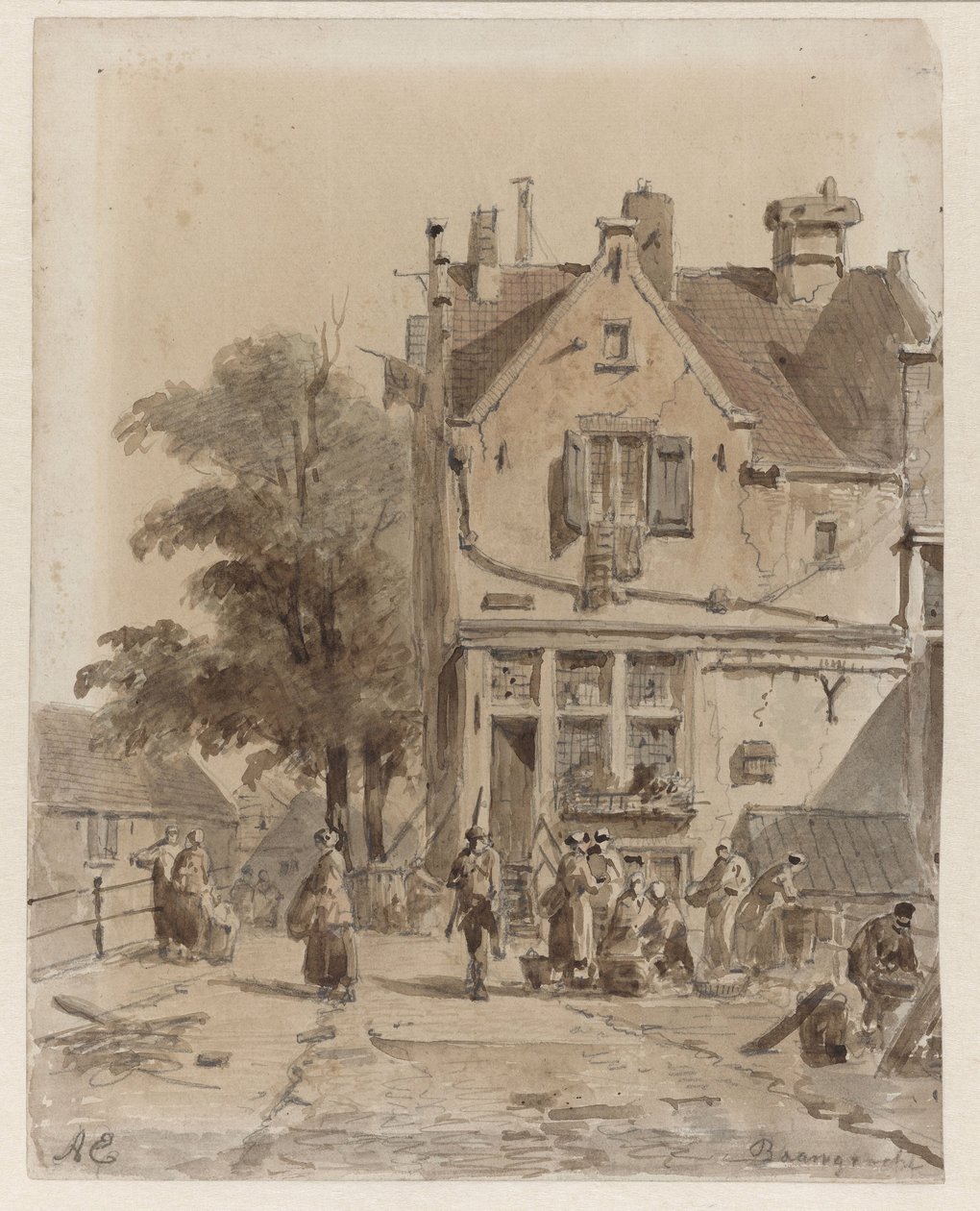 Kilátás a Baangracht feletti hídra Amszterdamban, élelmiszerárusokkal Baangracht (cím a tárgyon) alkotó: Adrianus Eversen