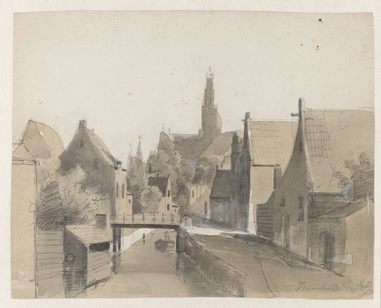 Kilátás egy csatornára Haarlemben, a háttérben St. Bavo Haarlem (cím az objektumon) alkotó: Adrianus Eversen