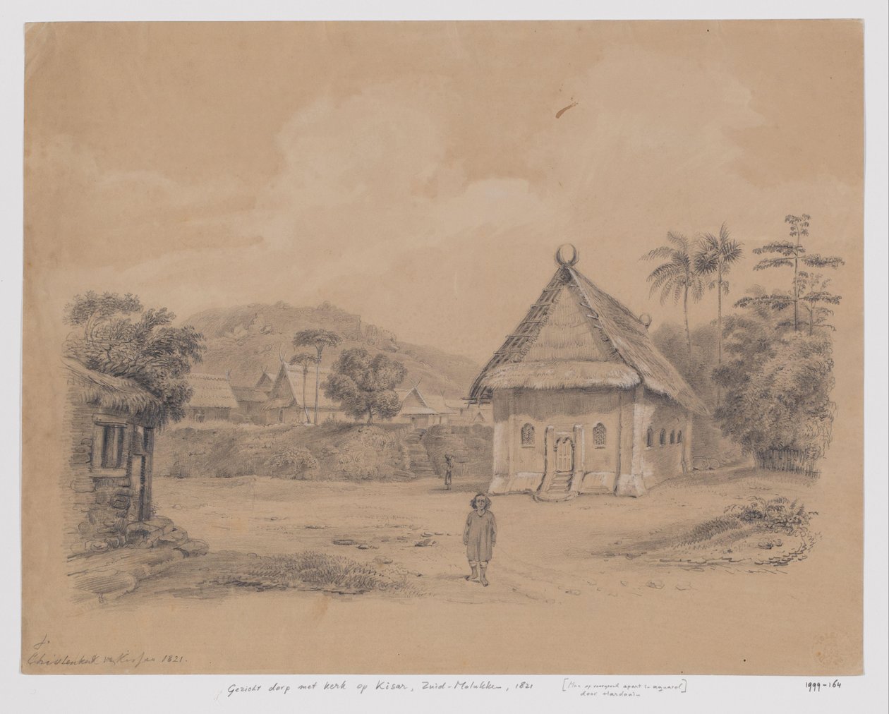 Kilátás falura templommal a Kisaron, Dél-Molukkán alkotó: Adrianus Johannes Bik