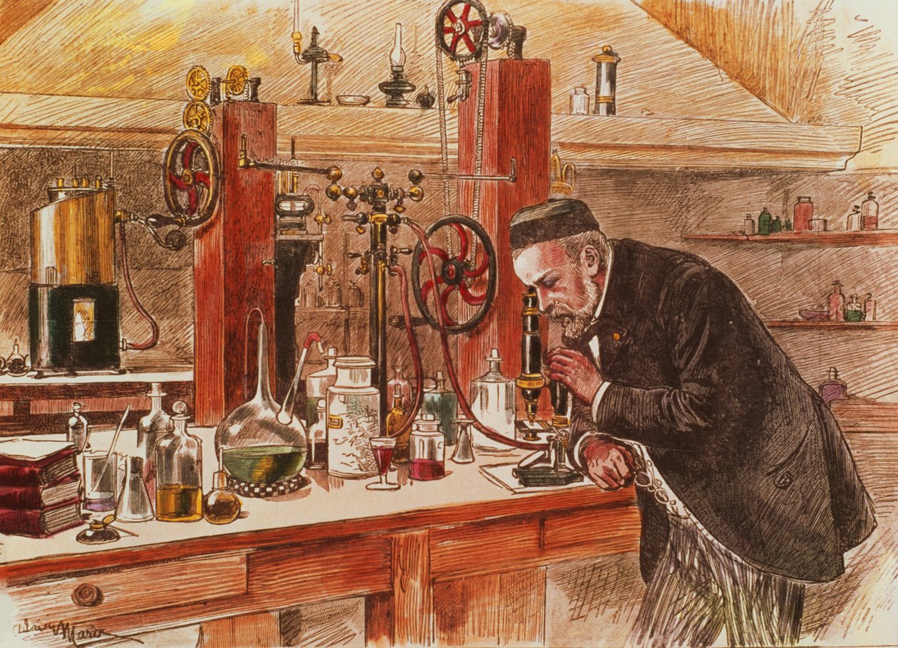 Louis Pasteur a hidrofóbia gyógyításával kísérletezik laboratóriumában, 1885 körül, pub. 1895 körül (nyomtatott) alkotó: Adrien Emmanuel Marie
