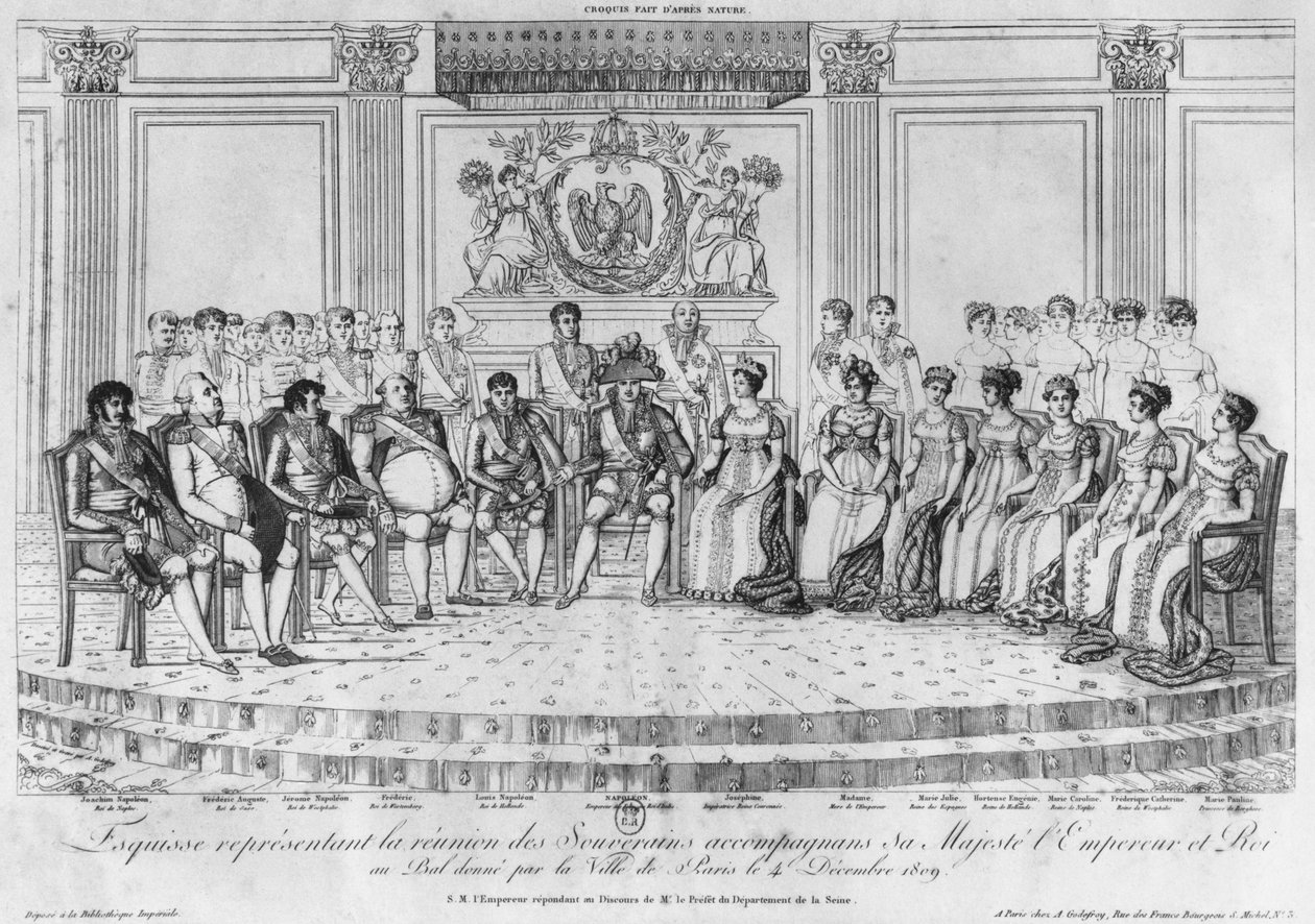 Vázlat, amely I. Napóleont és az uralkodókat ábrázolja a Párizs városa által 1809. december 4-én tartott bálon alkotó: Adrien Pierre Francois Godefroy