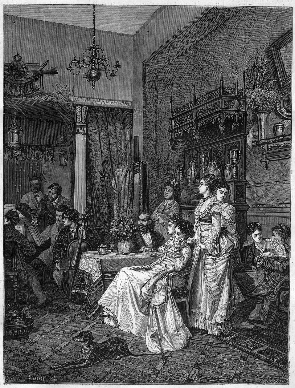 Amatőr koncert egy művészműteremben. Metszet Adrien Moreau (1843-1906) „The Illustrous Universe” című festménye után. alkotó: Adrien (after) Moreau