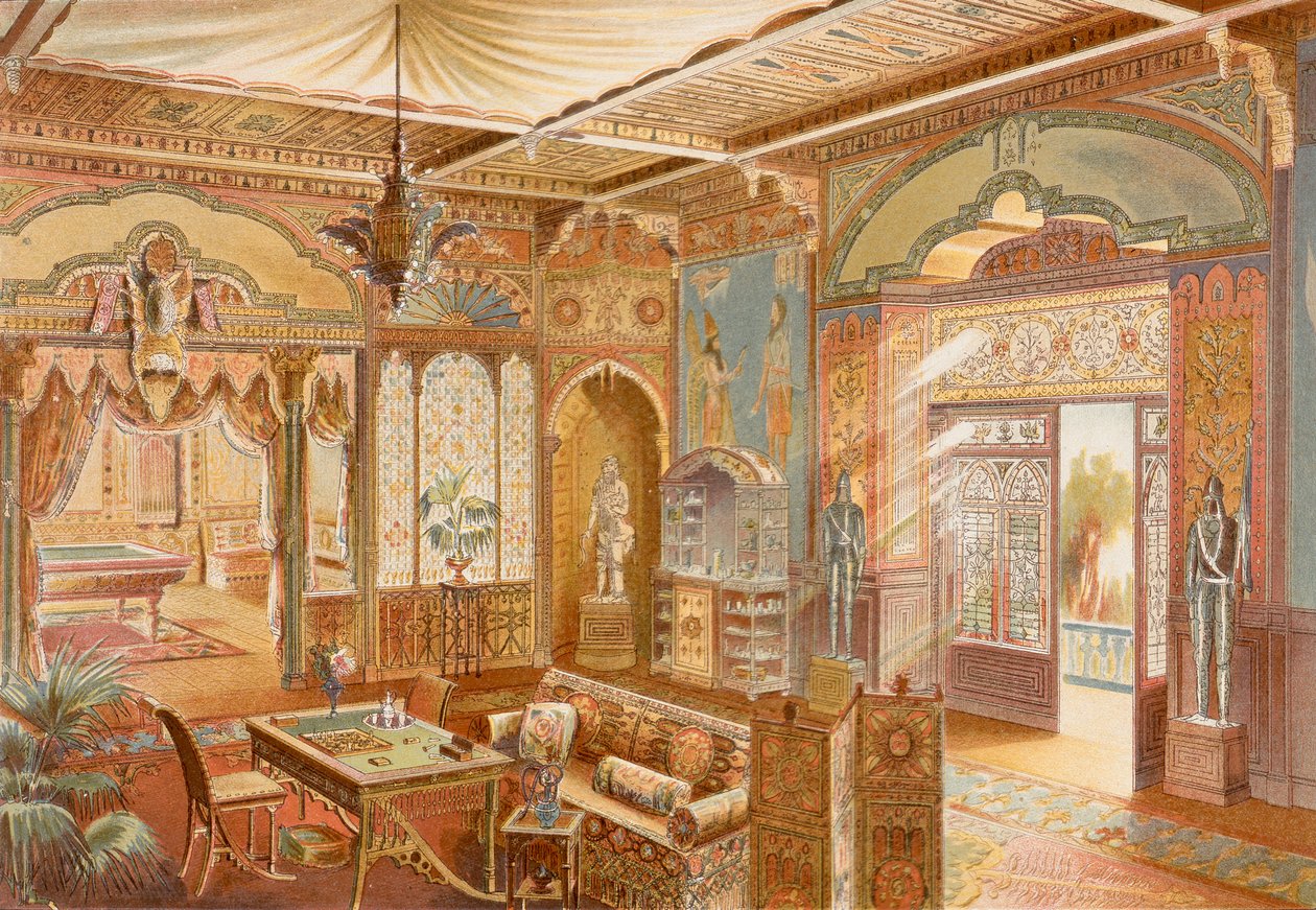 Játékszoba asszír stílusban, illusztráció a „La Decoration Interieure”-ből, 1893-94 körül (színes litó) alkotó: Adrien (after) Simoneton