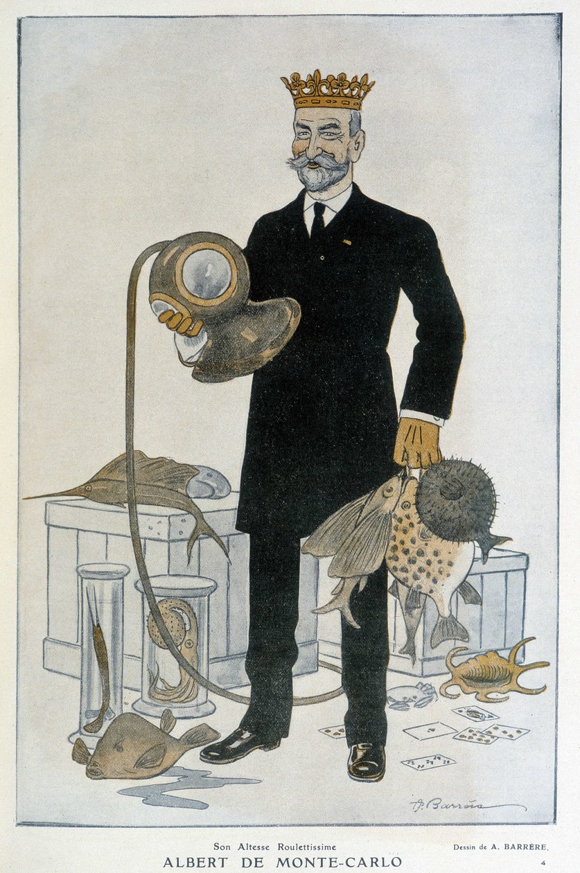 Albert 1er de Monaco (1848-1922), a Monte Carlo-i Oceanográfiai Múzeum alapítója - Illusztráció: Adrien Barrere (1877-1931) Fantasióban 1914.04.15-én alkotó: Adrien Barrere