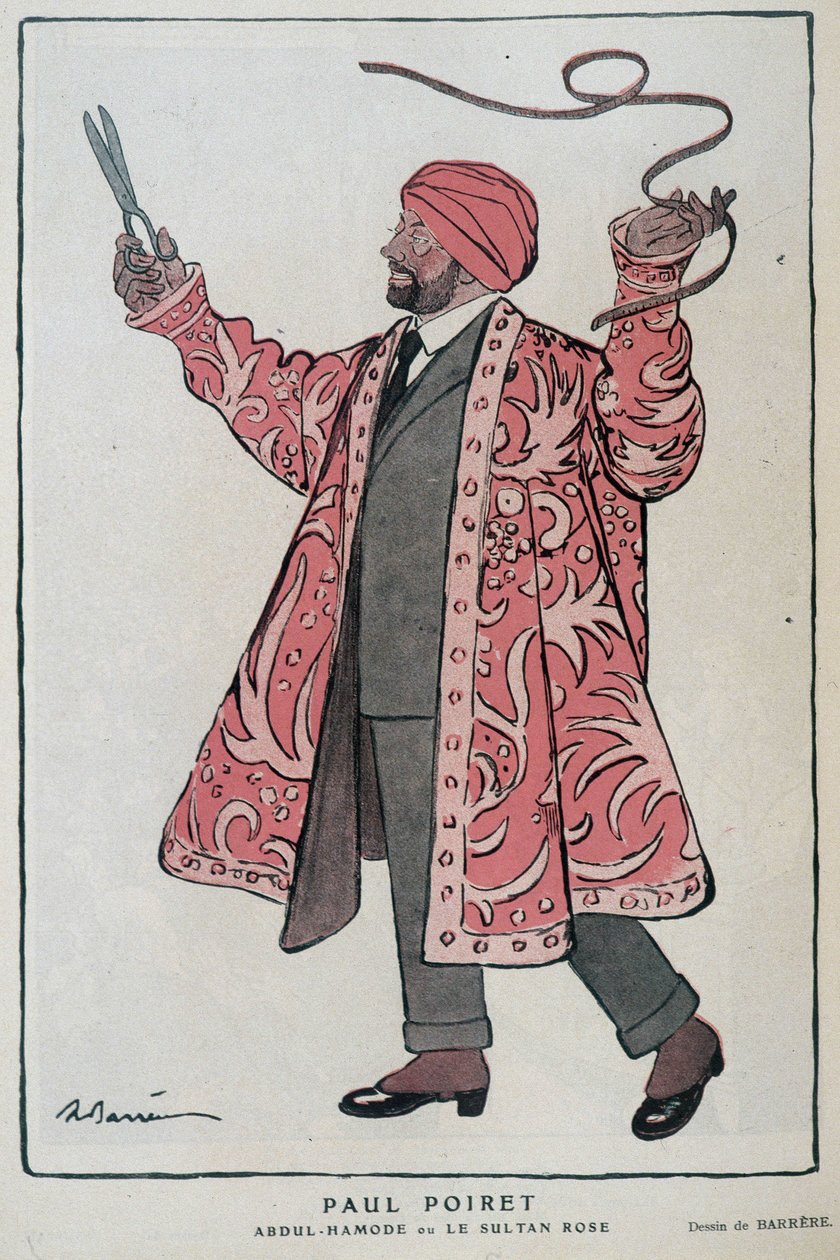 Paul Poiret francia tervező és tervező (1879-1944) rajzfilmje az „Abdul-Hamode vagy Le Sultan Rose” című filmben – Adrien Barrere (1877-1931) illusztrációja A Fantasioban, 1919.12.01. alkotó: Adrien Barrere