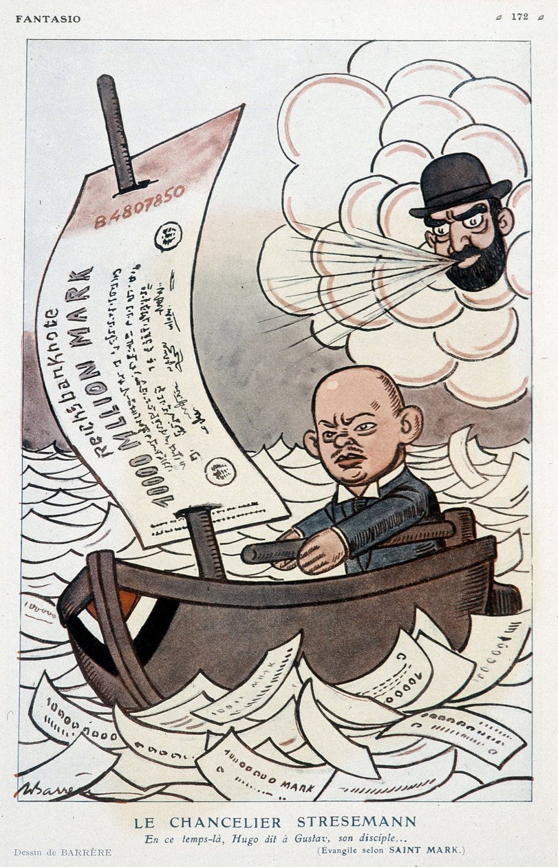 Karikatúra Gustav Stresemann német kancellárról (1878-1929) és a védjegy leértékelődéséről – Adrien Barrere (1877-1931) illusztrációja az 1923.11.01. „" Fantasio"-ban alkotó: Adrien Barrere