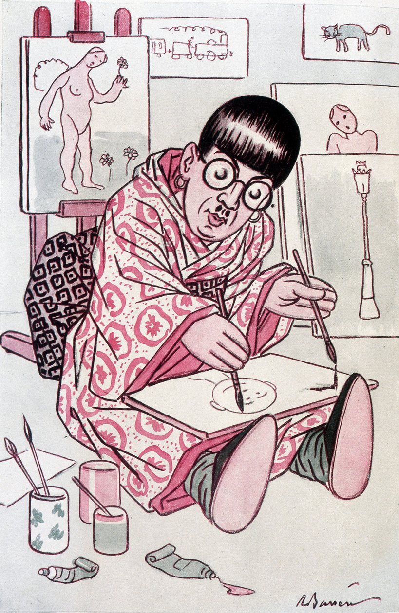 Rajzfilm Tsuguharu Fujitát, kikeresztelkedett Leonard Foujitát, japán származású francia festőt (1886-1968) mutatja be. Barrere rajza: Fantasio, 1927.04.01. alkotó: Adrien Barrere