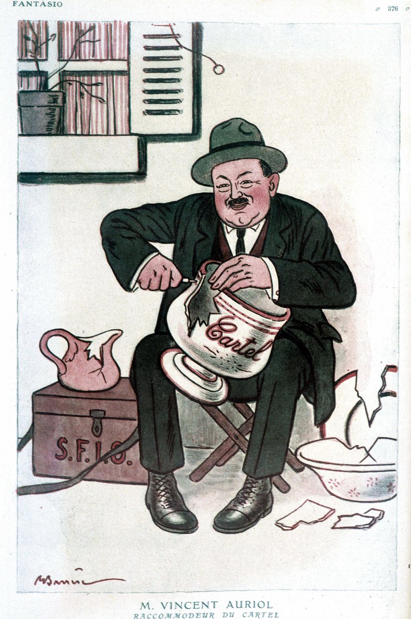 Mr. Vincent Auriol, Cartel Raccommodeur: humoros rajz Vincent Auriolról (1884-1938), az SFIO-ról (S.F.I.O) és a Cartel des gauche-ról. A. Barrere rajza - az 1929.02.15-i „” Fantasio””-ban. alkotó: Adrien Barrere