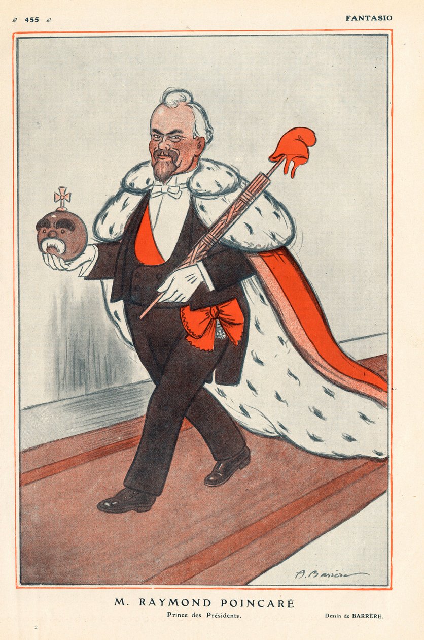 A Francia Köztársaság elnöke, Raymond Poinsare (1860-1934) az elnökök hercege (karikatúra a királyban), a köztársaság jelképeit tartja kezében (melyek fölött a lictor gerendája fríg sapkával emelkedik) - a „Fantázióban”” 1913. 01. 02. - Illusztráció: alkotó: Adrien Barrere
