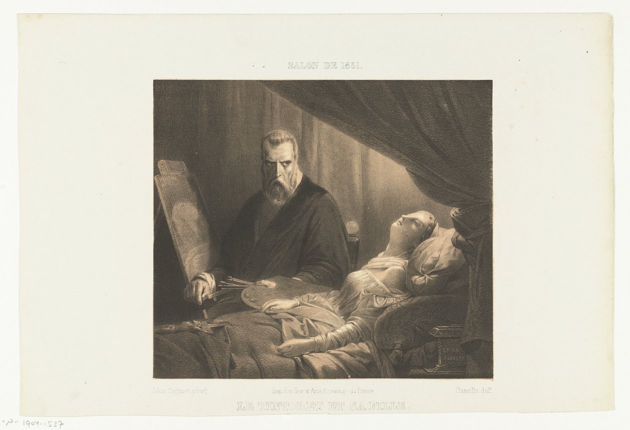 Tintoretto a lánya halálos ágyán Le Tintoret et sa fille (cím az objektumon) Salon de 1851 (sorozat címe az objektumon) alkotó: Adrien Canelle