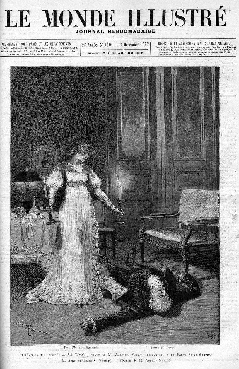 Scarpia halála (Monsier Berton), a „Tosca” 4. felvonásának illusztrációja Sarah Bernhardttal La Tosca szerepében, a „Le monde Illustre” borítója alkotó: Adrien Emmanuel (after) Marie