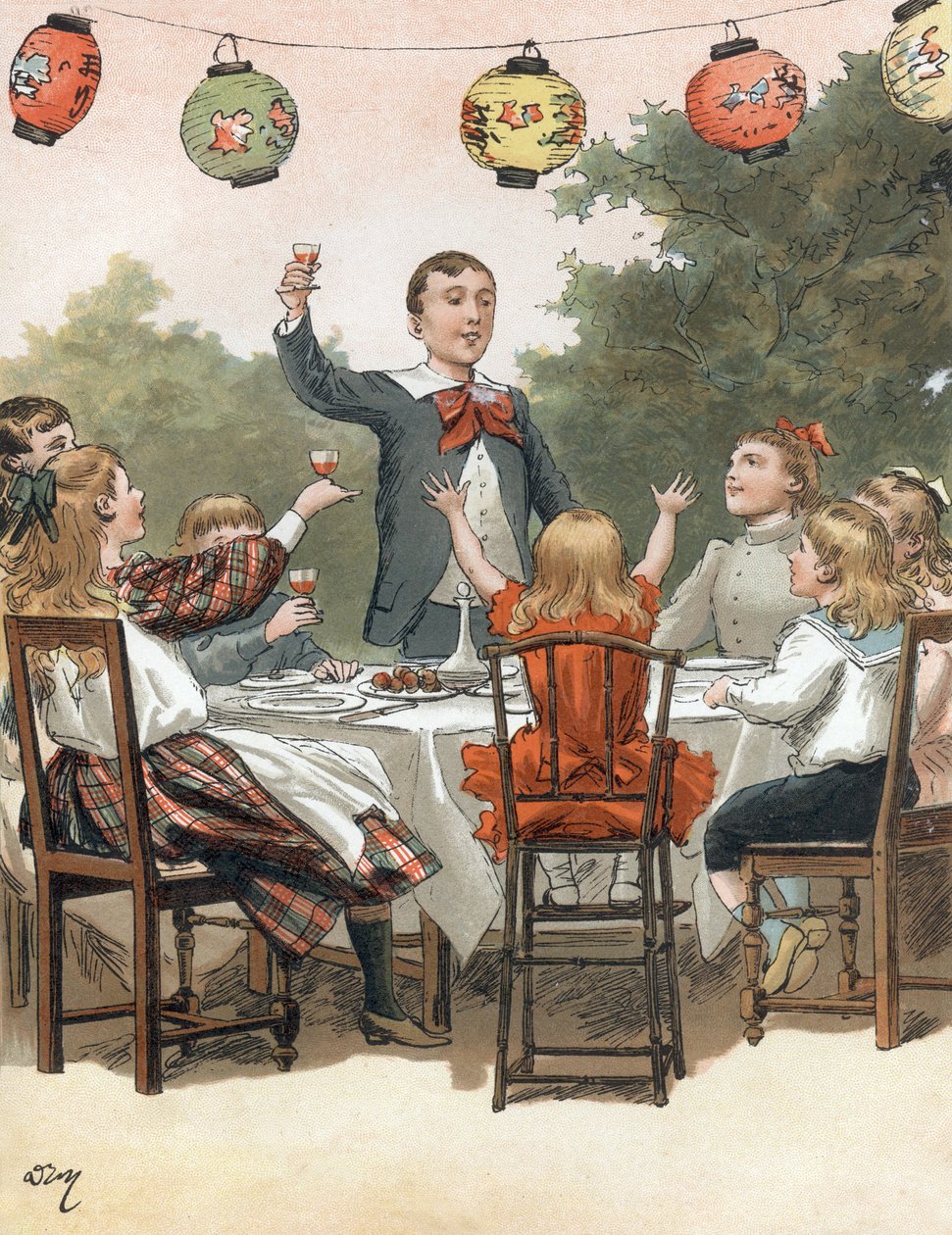 A young boy make a speech , children clinking glass, llustration by Adrien Marie in the book Tout a la joie by Zari, Emile Guerin publication 1890 alkotó: Adrien Emmanuel Marie