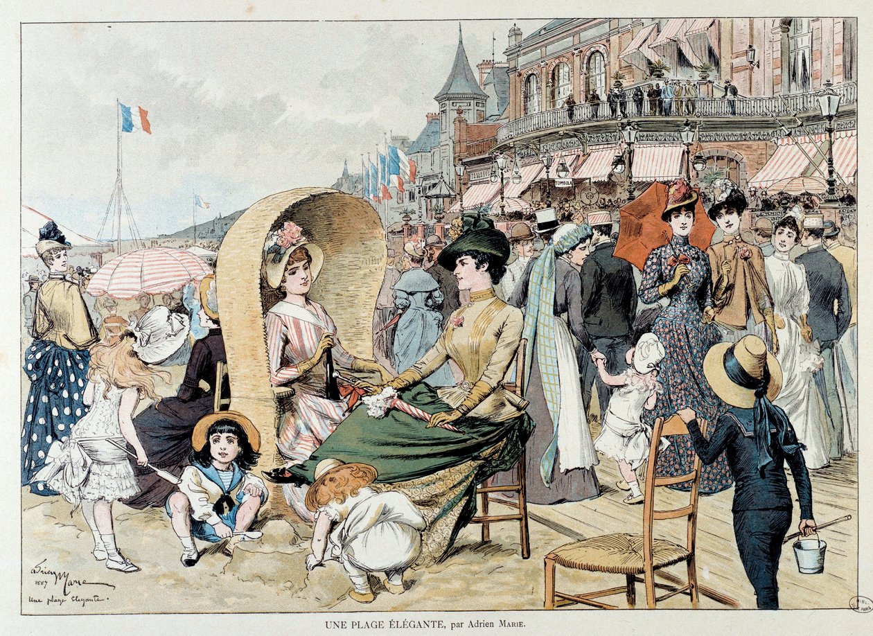 Elegáns strand. Bájos hölgyek gyermekeikkel egy francia tengerparton szórakozó tömeg között. Adrien Marie metszete alkotó: Adrien Emmanuel Marie