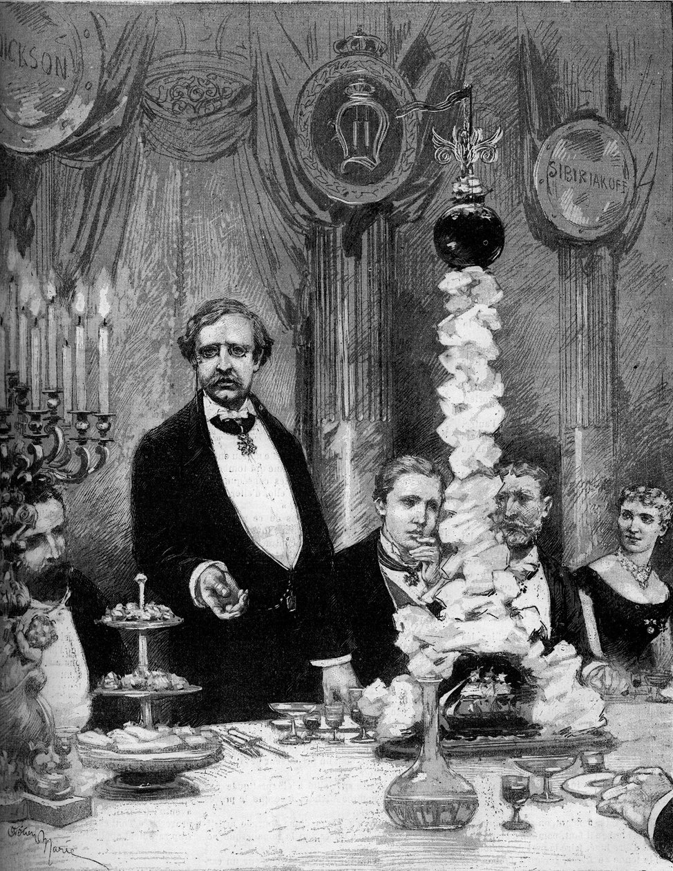 A párizsi skandináv kolónia bankettje a felfedező Nils Adolf Erik (Eric) báró Nordenskjold (Nordenskiold) (1832-1901) tiszteletére a Hotel Continentalban. Jelen vannak: Kapnitz gróf, Nordenskjold professzor, Oscar svéd herceg (1859-1953) alkotó: Adrien Emmanuel Marie