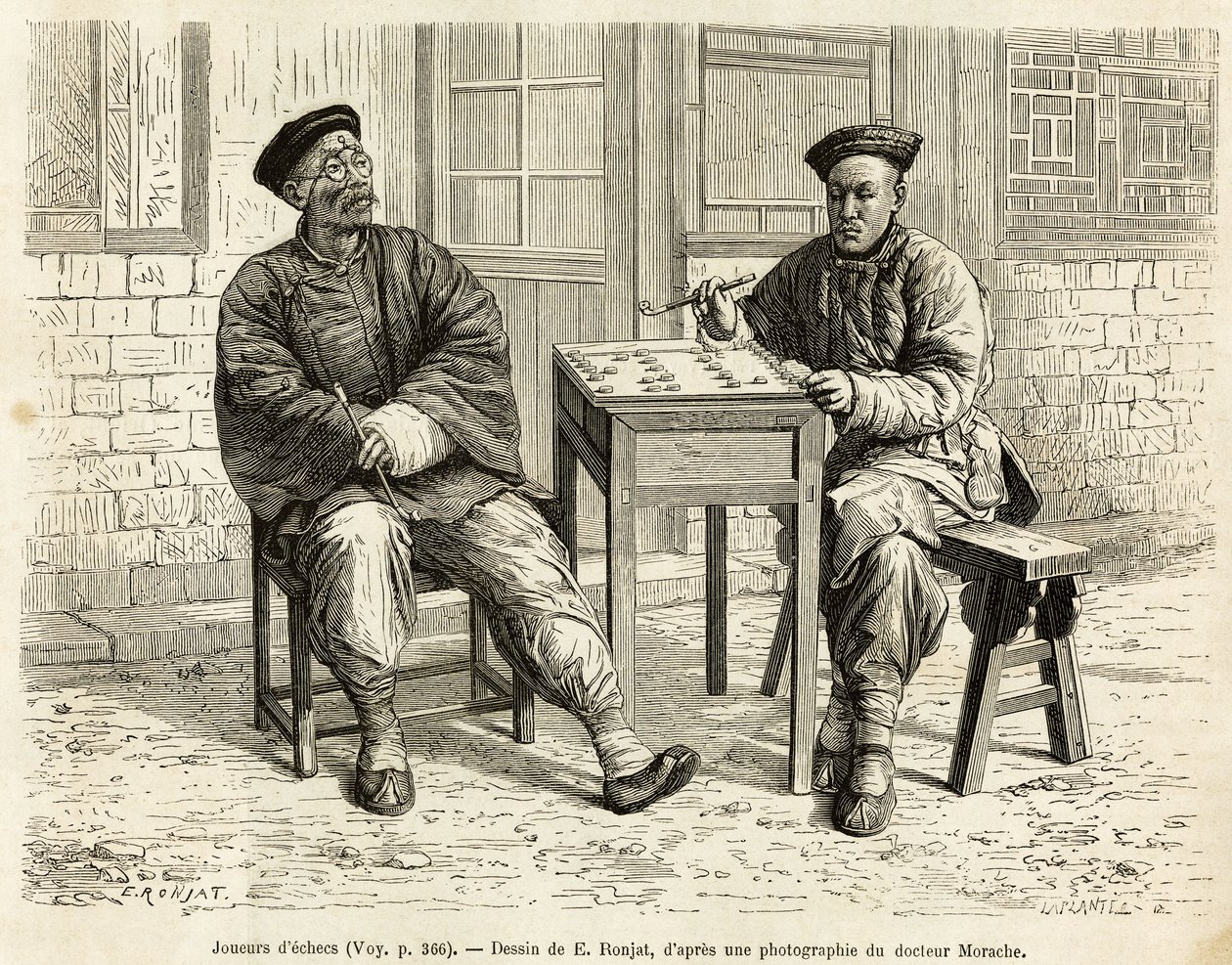 Sakkjátékosok. Metszet A.Marie rajza után a pekini és észak-kínai utazás szemléltetésére, T.Choutze 1873-ban, megjelent a „Le tour du monde”” 1876-ban, szerkesztette Edouard Charton, Hachette kiadás, Párizs. Selva kollekció. alkotó: Adrien Emmanuel Marie