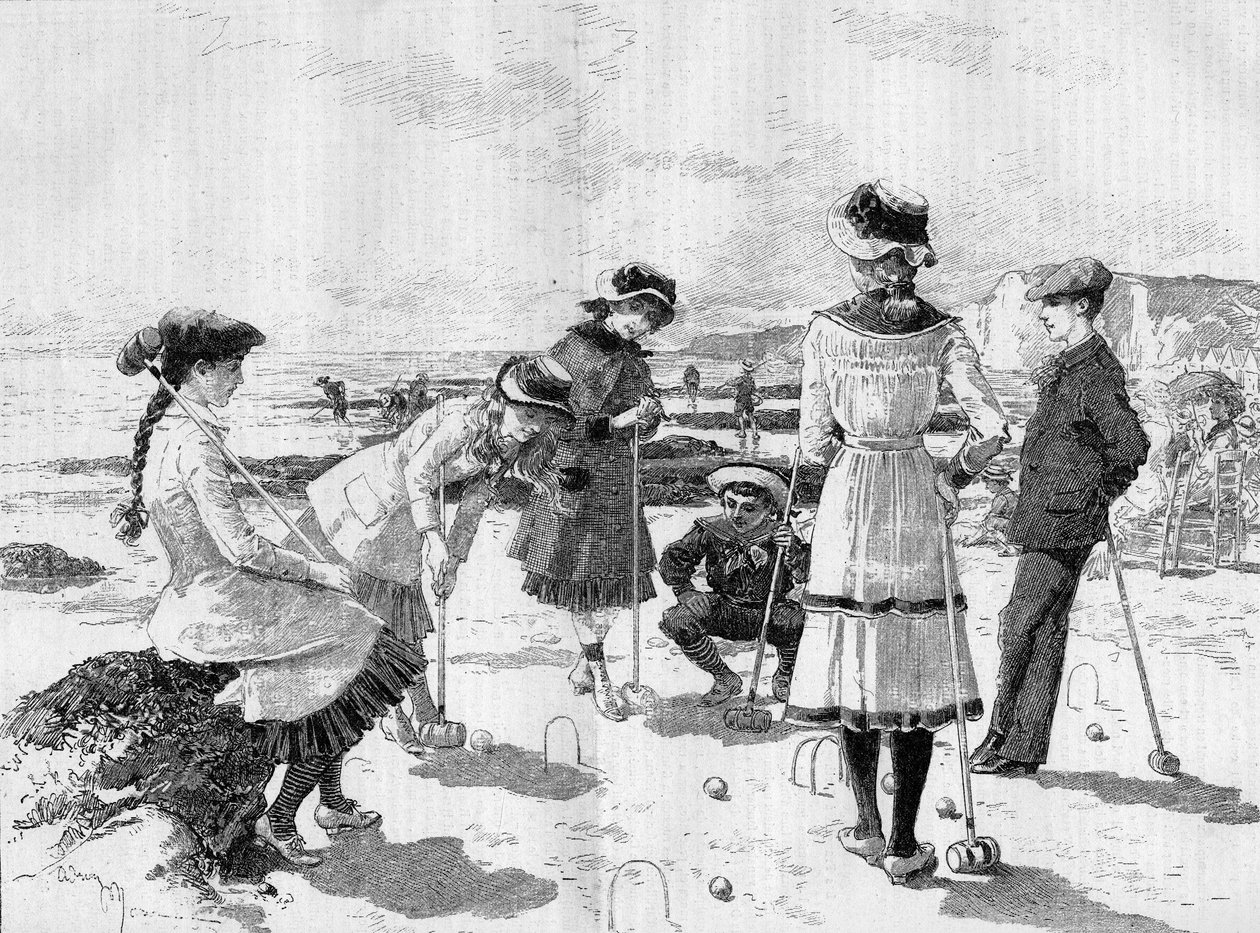 Gyermekek krokettezni a tengerparton. Adrien Marie metszete a „” Le Monde Illustré”” 1277. számában, 1881. szeptember 17-én. alkotó: Adrien Emmanuel Marie