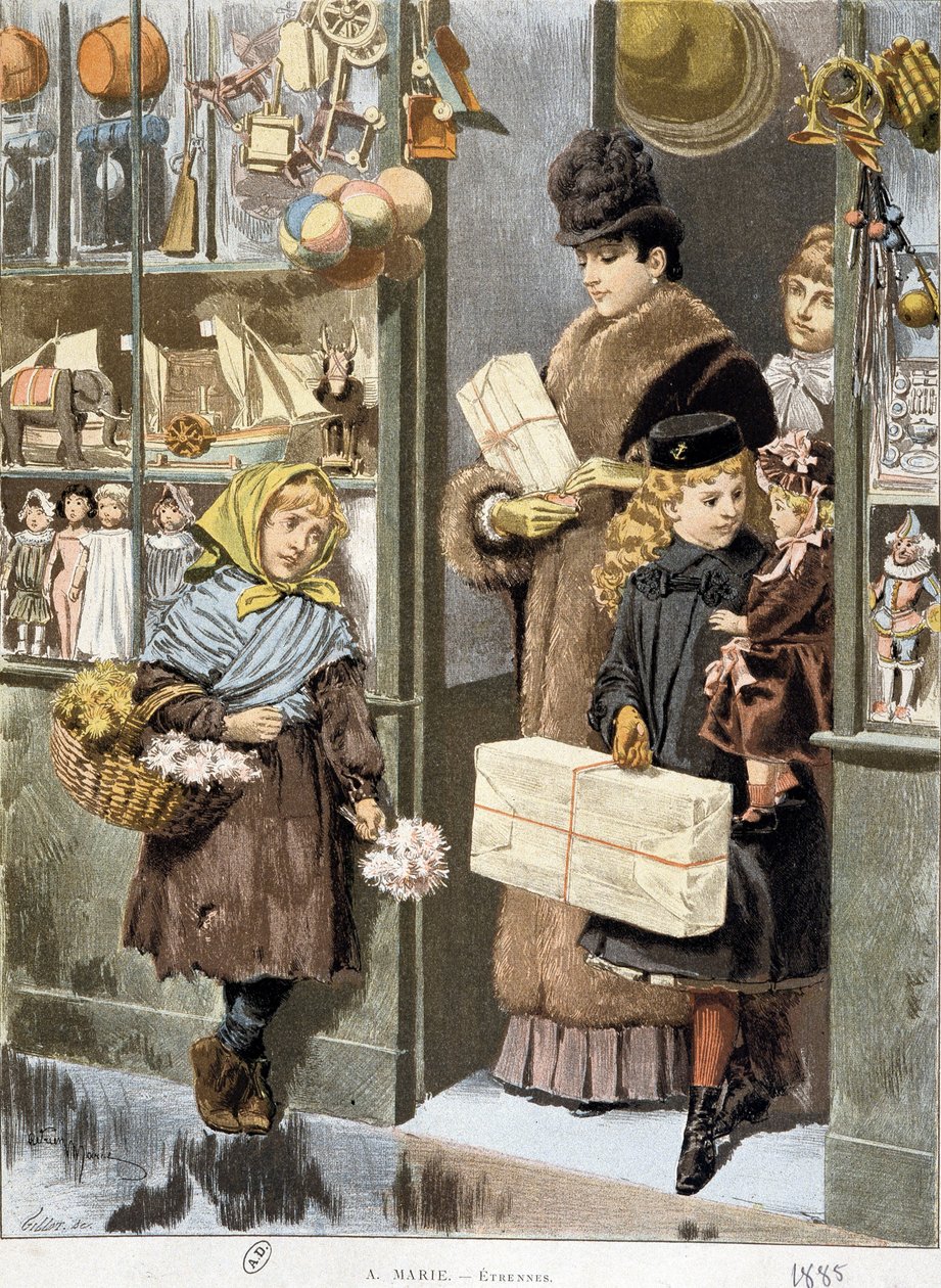 Szegény lány kis csokrokat árul egy játékbolt kijáratánál, ahonnan gazdagok jönnek ki (karácsonyra vásárolni?) - Adrien Marie rajza alkotó: Adrien Emmanuel Marie