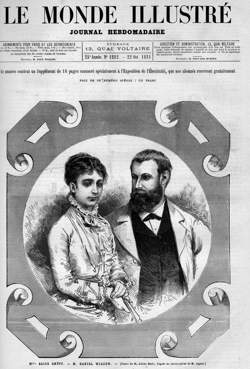 Daniel Wilson (1840-1919) francia politikus portréja feleségével, Alice Grevyvel. Adrien Marie metszete. Az egyik „The Illustrious World” 1282. szám, október 22 alkotó: Adrien Emmanuel Marie