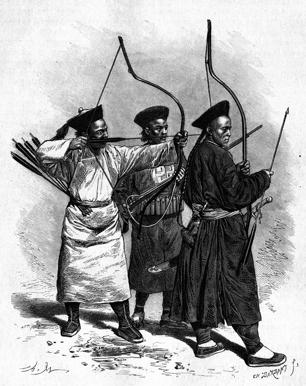 Három kínai íjász portréja népviseletben, az 1870-es években. Metszet Marie rajzából, Thomson fényképéből, a „" Le Tour du Monde, Nouveau Journal des Voyages" című kiadványban, szerkesztette: Edouard Charton, Párizs alkotó: Adrien Emmanuel Marie