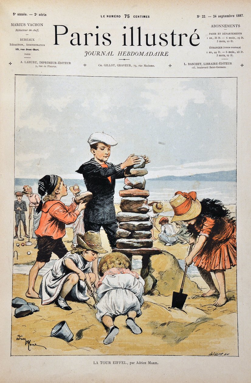 Az Eiffel-torony Egy csapat gyerek játszik a tengerparton, és megvalósítja az Eiffel-torony kövekkel és homokkal díszített másolatát. illusztráció: Adrien Marie (1848-1891). Metszet 1887-ből a „” Paris-Illustrous folyóirat hetilapjában”. alkotó: Adrien Emmanuel Marie
