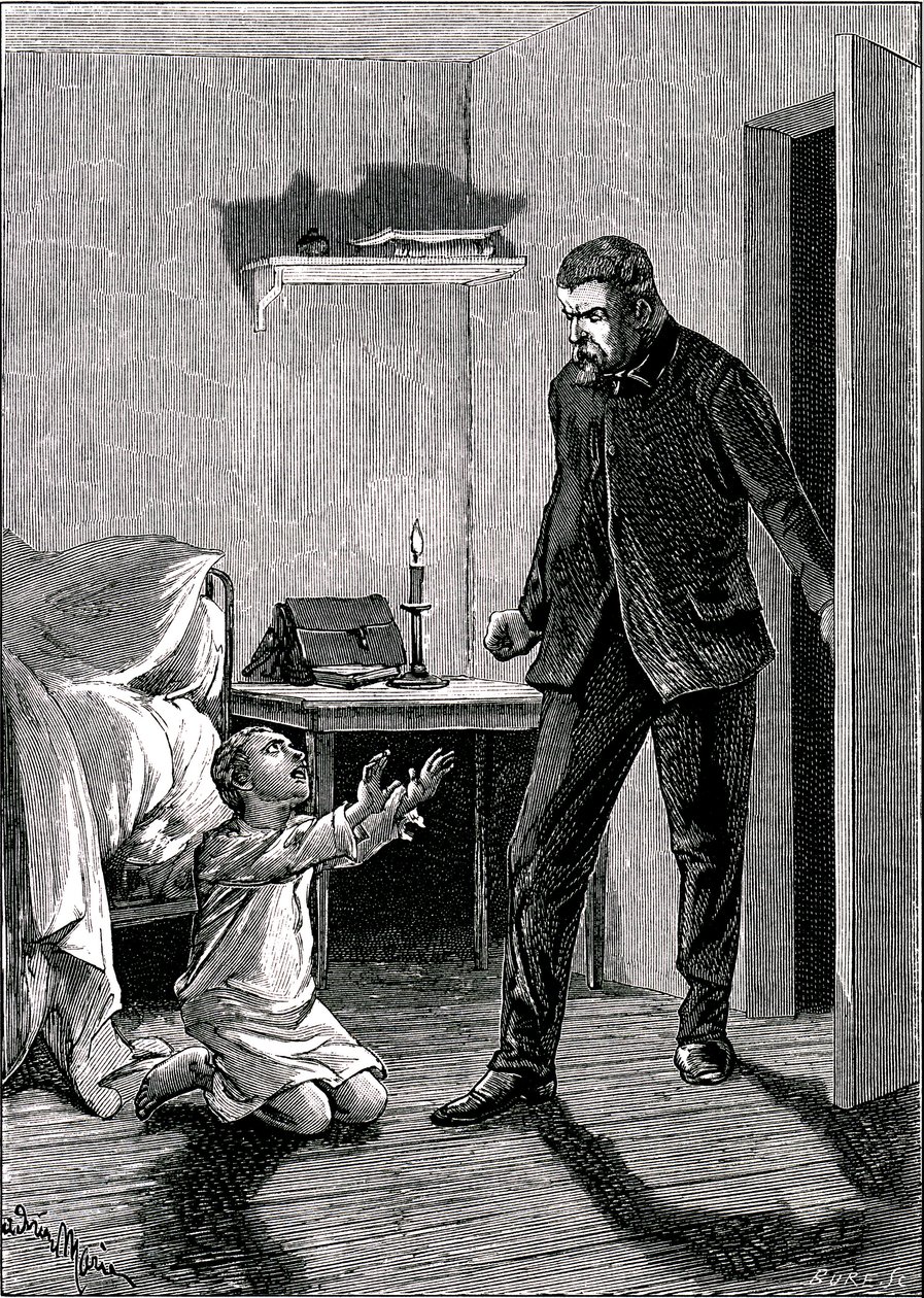 A kémgyerek: A gyermek haragjában apja lábai elé veti magát, hogy bocsánatot kérjen (erős víz alkotó: Adrien Emmanuel Marie