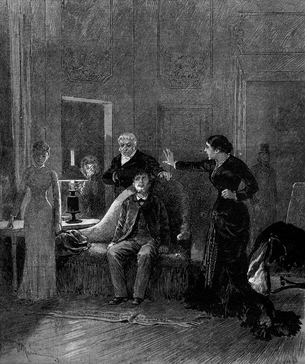Színházi ábrázolás: Alphonse Daudet (1840-1897) és H. Lafontaine „Jack” 5. felvonása Miss Sisos (Cecile), M. Porel (Dr. Rivals), M. Chelles (Jack), Miss Montaland (Ida de Barancy) közreműködésével ). Párizs, Theatre de l