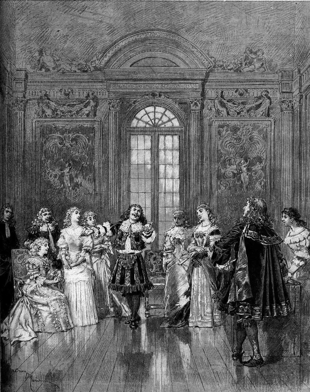 Színházi ábrázolás: „Versailles rögtönzöttje”” Moliere. Párizs, Comedie Francaise alkotó: Adrien Emmanuel Marie
