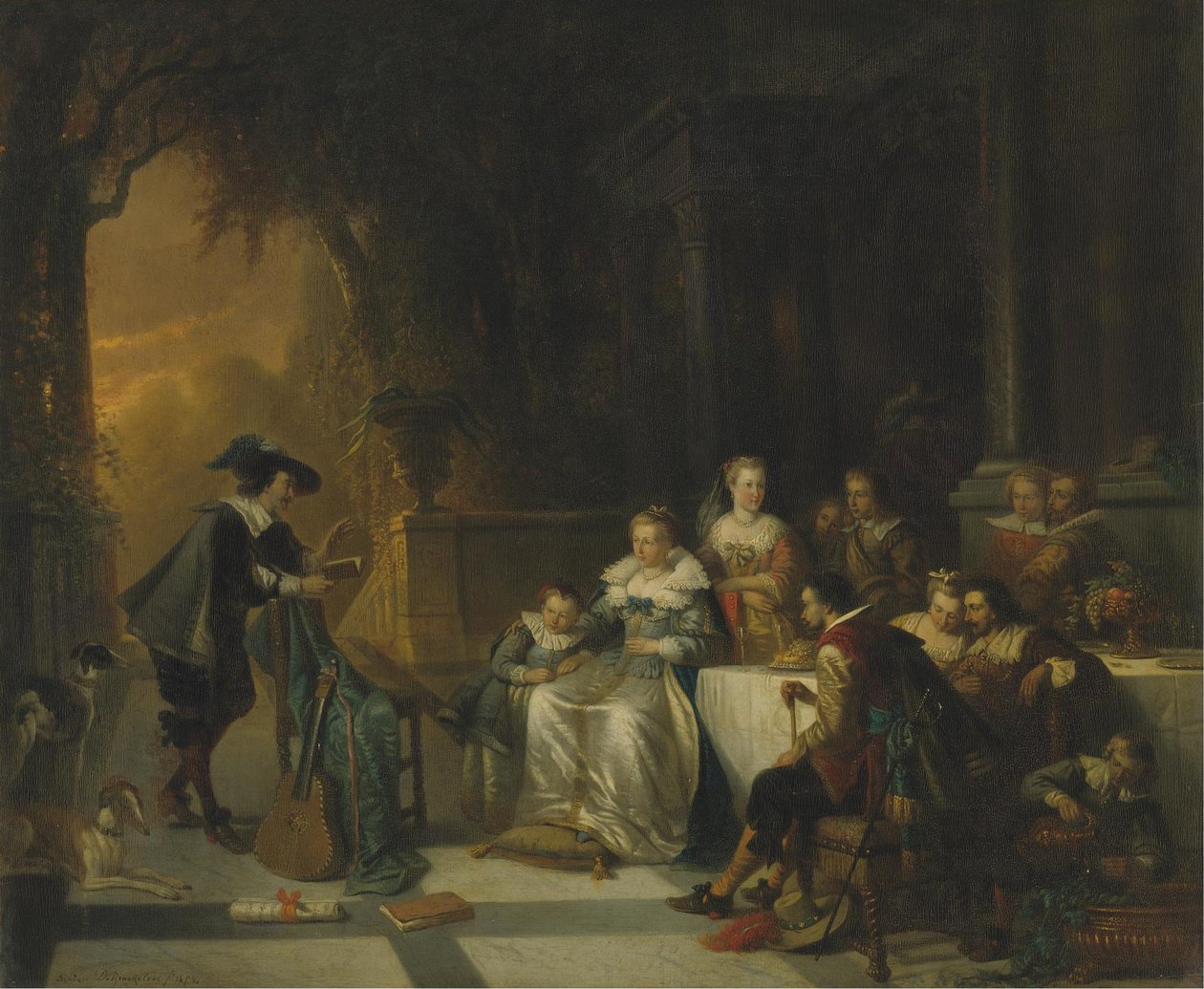 John Dryden a Bíróság előtt olvassa egyik versét, 1869 alkotó: Adrien Ferdinand de Braekeleer