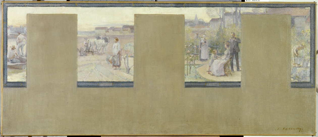 Vázlat a nogent-sur-marne-i városházához: Le canotage - le labourage - la villégiature - le jardinage, en 1889 (olaj, vászon (armure)) alkotó: Adrien Karbowsky