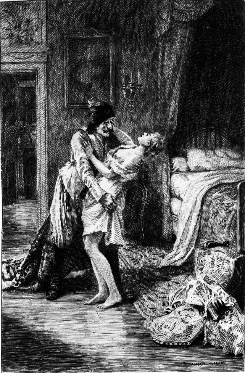 Adrien Moreau (1843-1906) metszete, amely Francois Marie Arouet dit Voltaire (1694-1778) „” Candide”-ját illusztrálja. alkotó: Adrien Moreau
