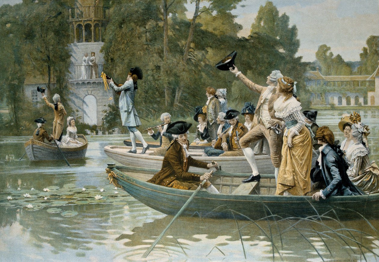 Serenade au Peer Trianon, egy szerenád illusztrációja Marie Antoinette királynő (1755-1793) előtt, 1789 előtt, Adrien Moreau (1843-1906) metszete alkotó: Adrien Moreau
