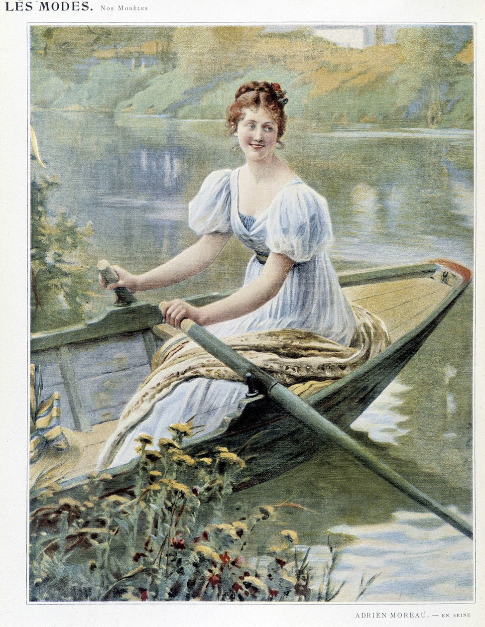 Nő csónakot készít a Szajnán - ill. írta: Adrien Moreau, c. 1900 alkotó: Adrien Moreau