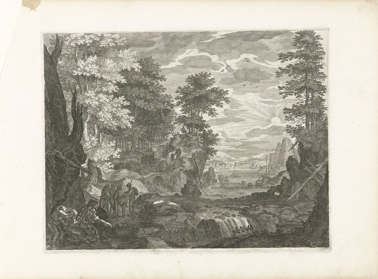 Vízesés egy várossal a háttérben Négy táj Csehországban (sorozat címe) alkotó: Aegidius Sadeler (II) (attributed to)