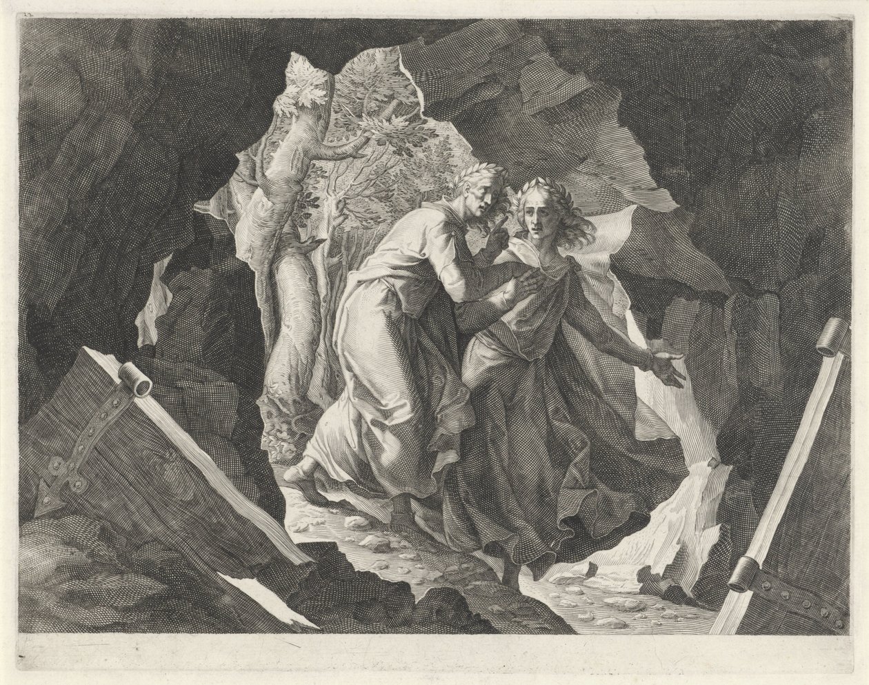 Dante és Virgil egy kapun keresztül jutnak be a pokolba alkotó: Egidius  Sadeler (II)