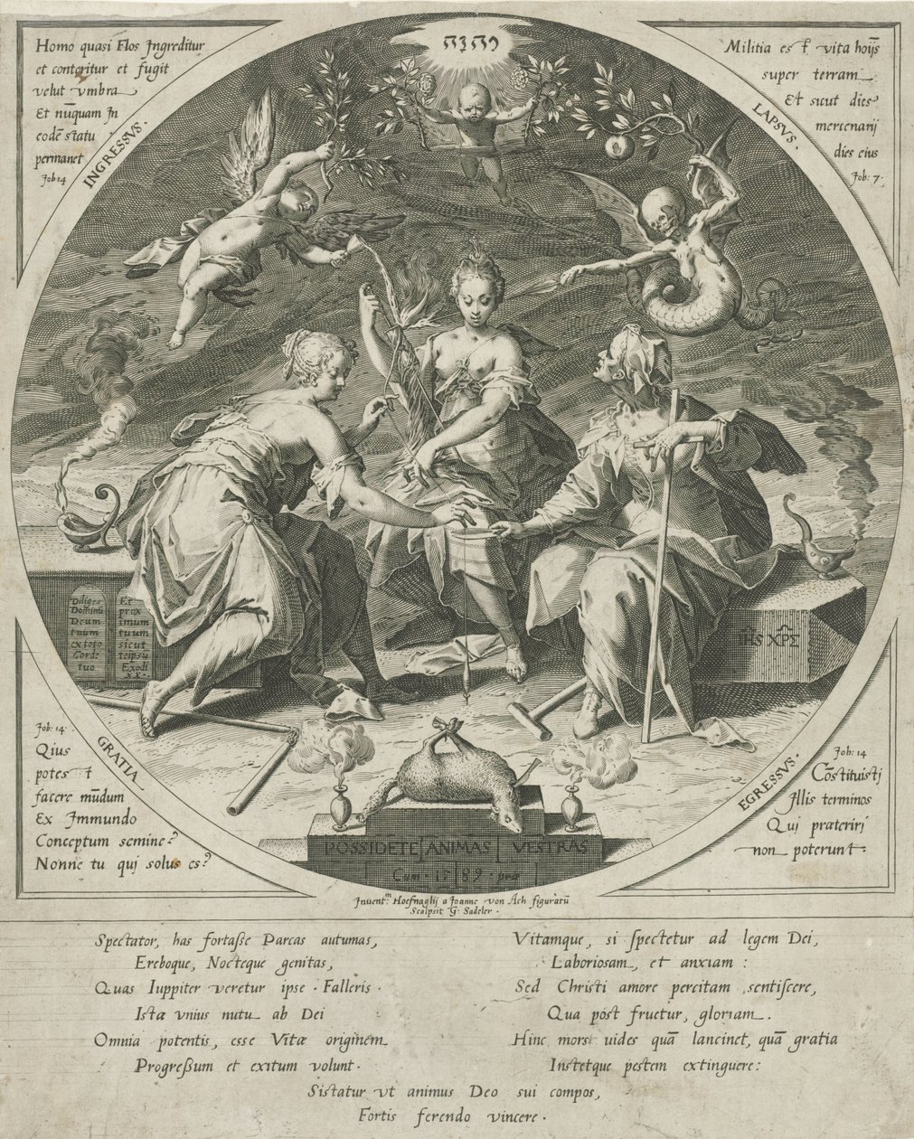 De drie schikgodinnen Rendelkezz a lelkeddel (cím a tárgyon) alkotó: Egidius  Sadeler (II)