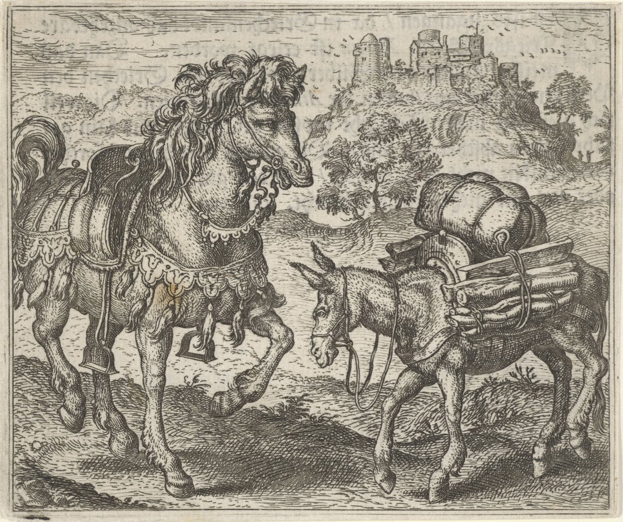 Az elégedetlen szamár és a harci ló meséje alkotó: Egidius  Sadeler (II)