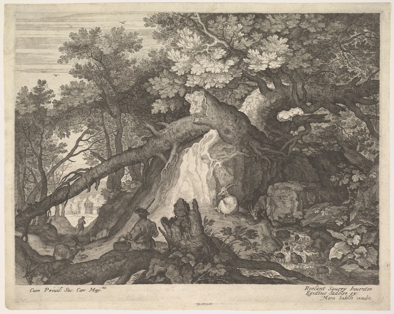 Egy botot tartó férfi egy fatörzsön ül, két kecskével mindkét oldalon, surro..., kb. 1600. alkotó: Aegidius Sadeler II