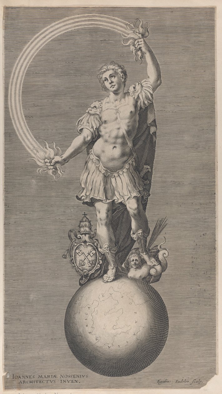 Földgömbön álló harcos allegorikus alakja pápai címerrel a..., kb. 1588-1629. alkotó: Aegidius Sadeler II
