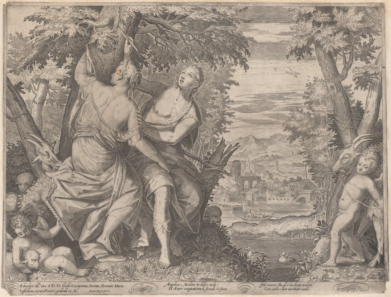 Angelica és Medoro egy patak mellett állnak, miközben Medoro nevüket egy tr...-ba vési, 1590-98. alkotó: Aegidius Sadeler II