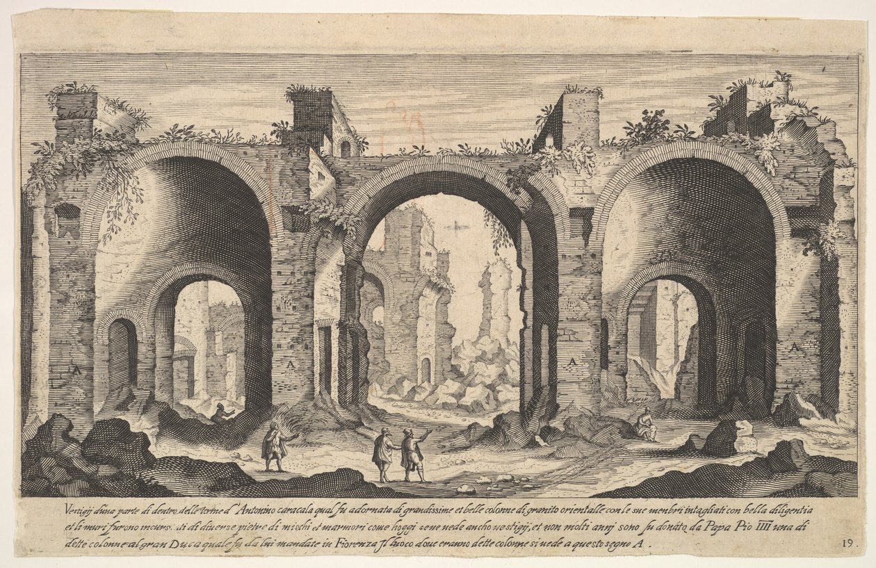 19. tábla: Caracalla fürdő képe, A betűvel jelzik a helyeket ..., 1606. alkotó: Aegidius Sadeler II