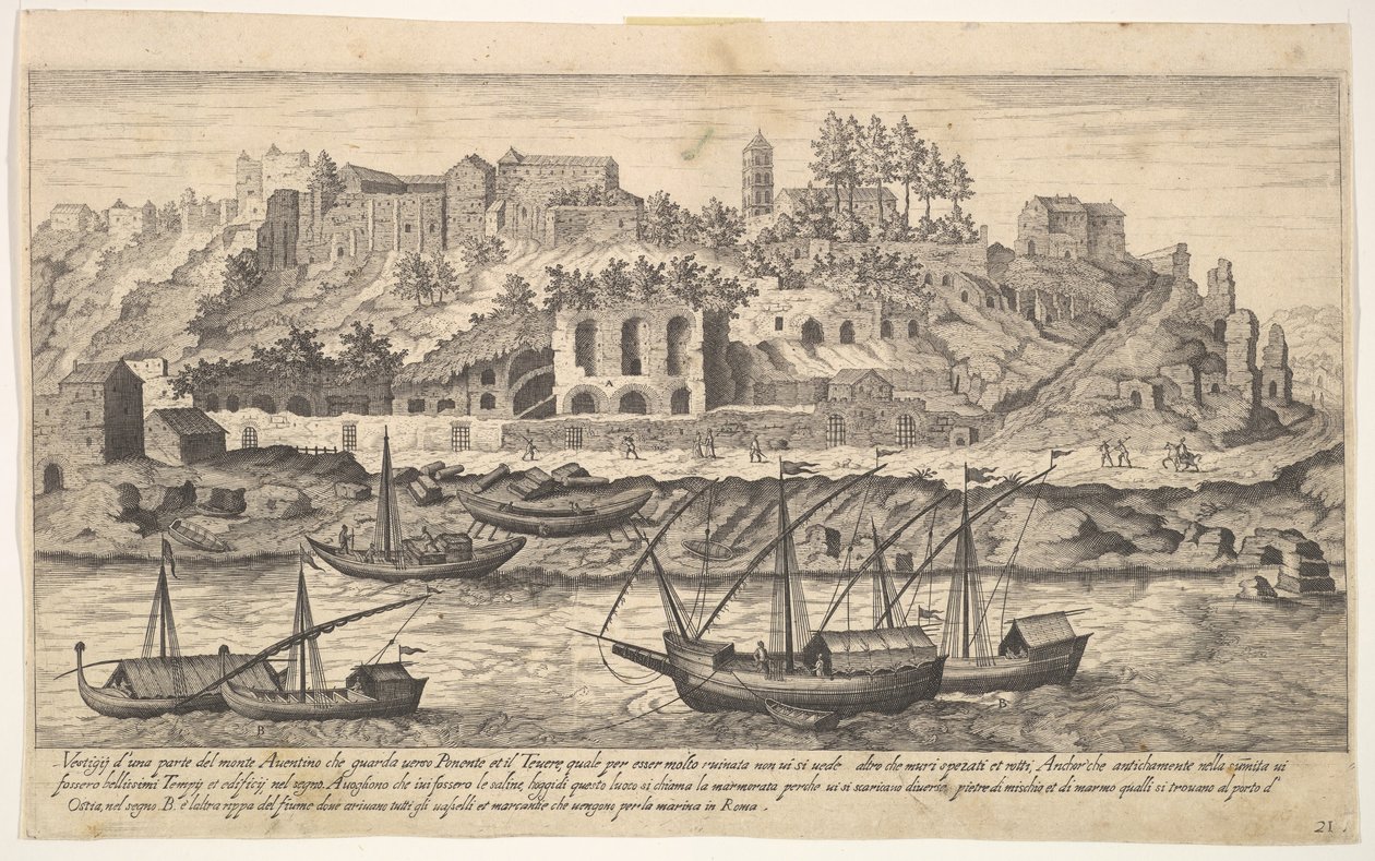 21. tábla: kilátás az Aventinus-domb romjairól, Rómában, csónakokkal a folyón ..., 1606. alkotó: Aegidius Sadeler II