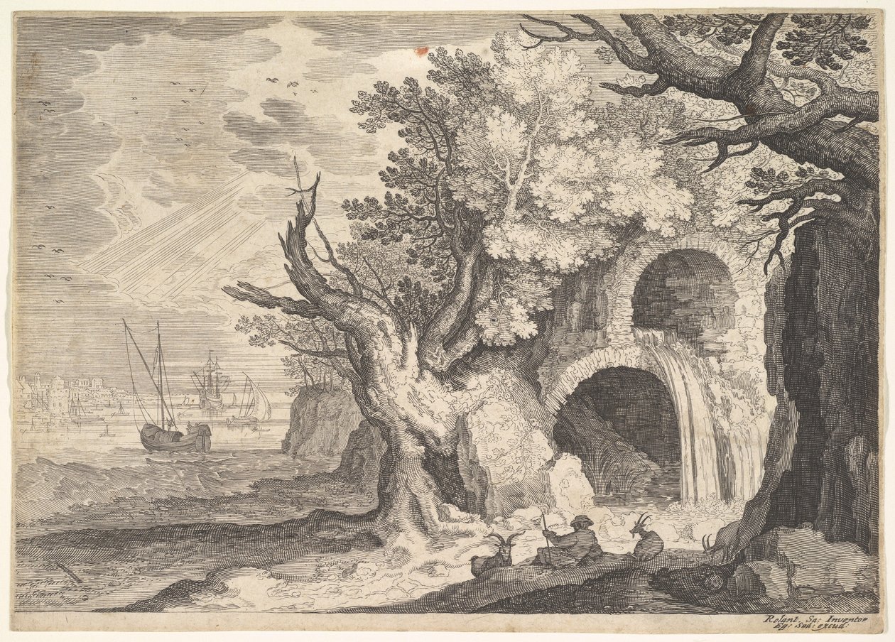 Romos vízvezeték, amelyből víz ömlik az alatta folyóba, hajók a tengeren túl, egy ..., kb. 1600. alkotó: Aegidius Sadeler II