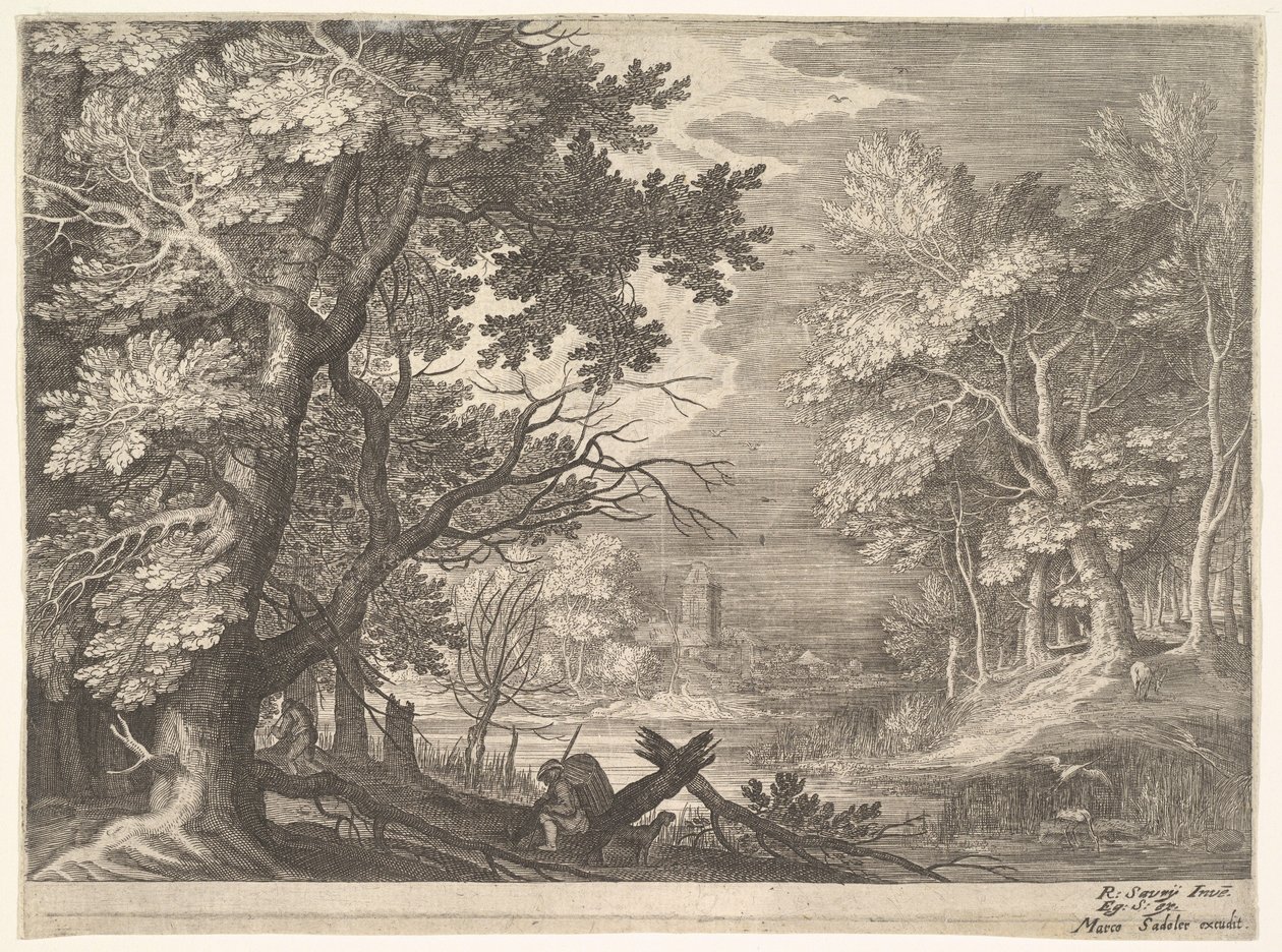 Erdei jelenet mocsaras partokkal, két férfi és egy kutya profilban balra, két hosszú nyakú..., kb. 1600. alkotó: Aegidius Sadeler II