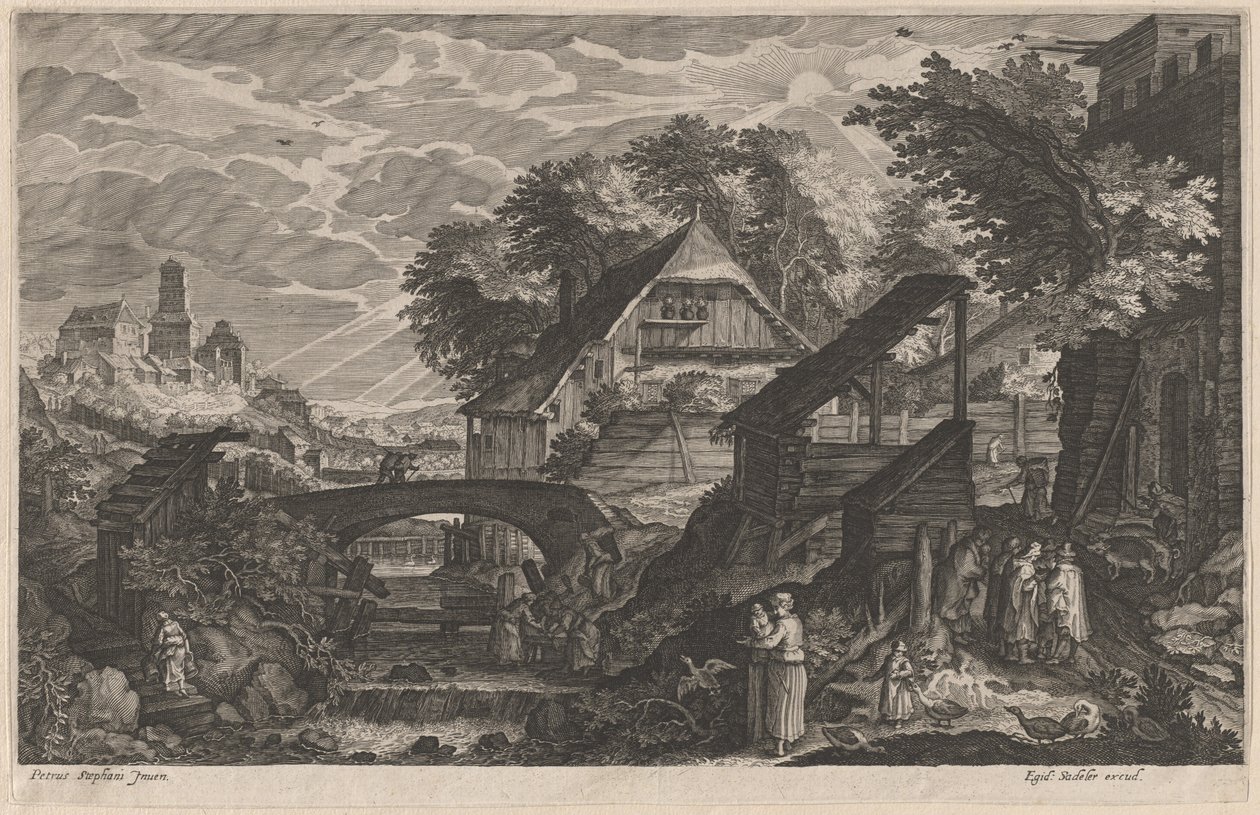 Parasztházak a folyó mellett, városon túl alkotó: Aegidius Sadeler II after Pieter Stevens