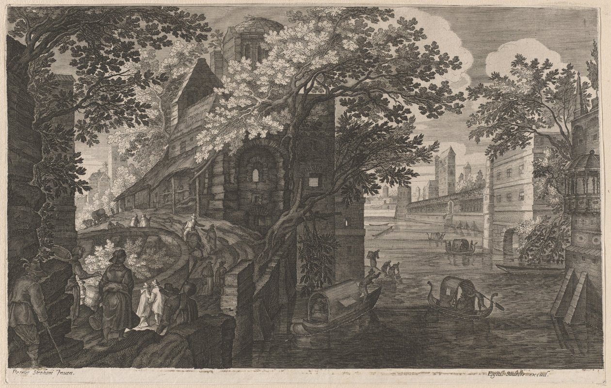 Gondolák a folyón a palota mellett alkotó: Aegidius Sadeler II after Pieter Stevens