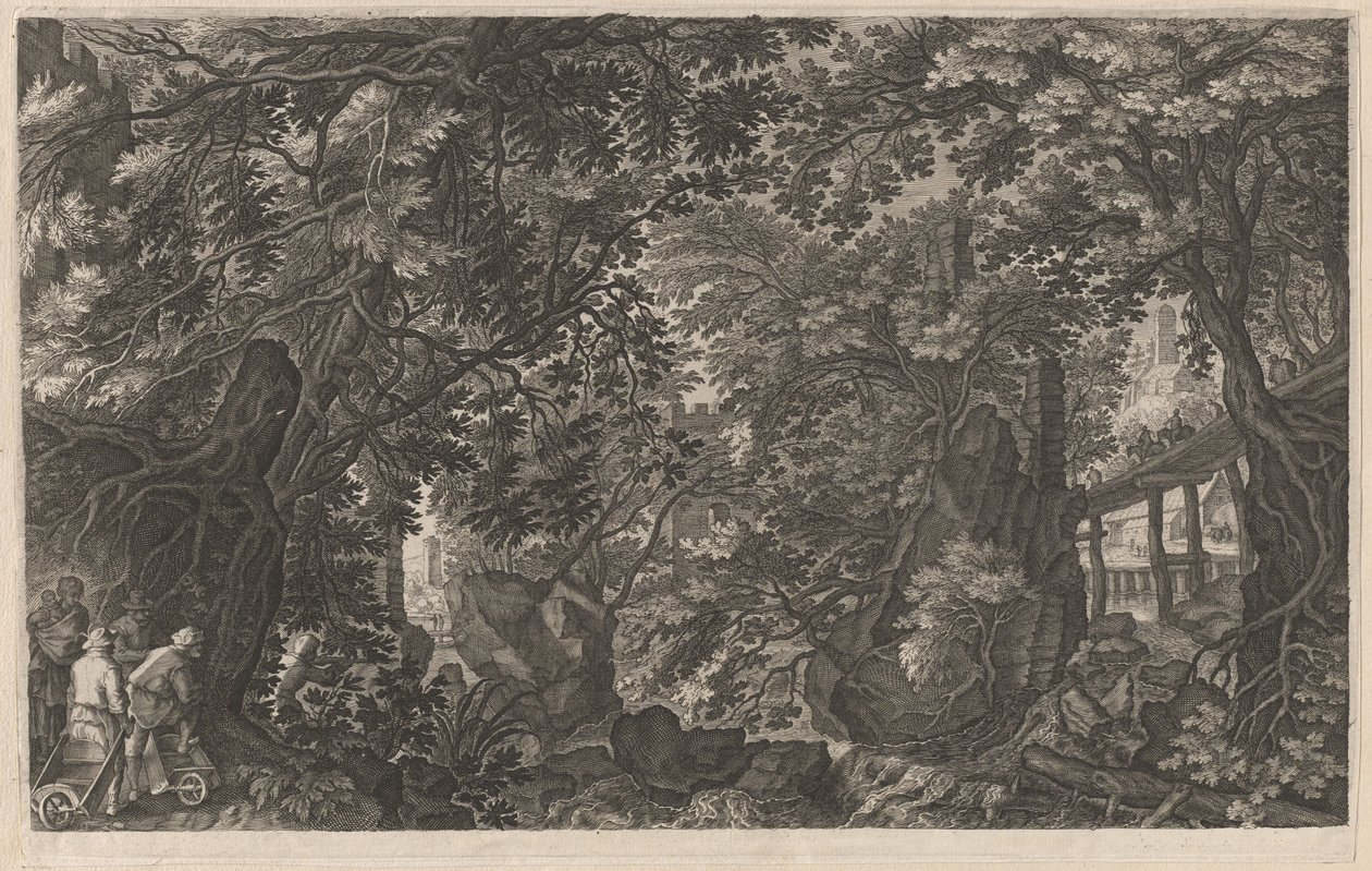 Vadászok egy erdőben egy fahíd közelében alkotó: Aegidius Sadeler II after Pieter Stevens