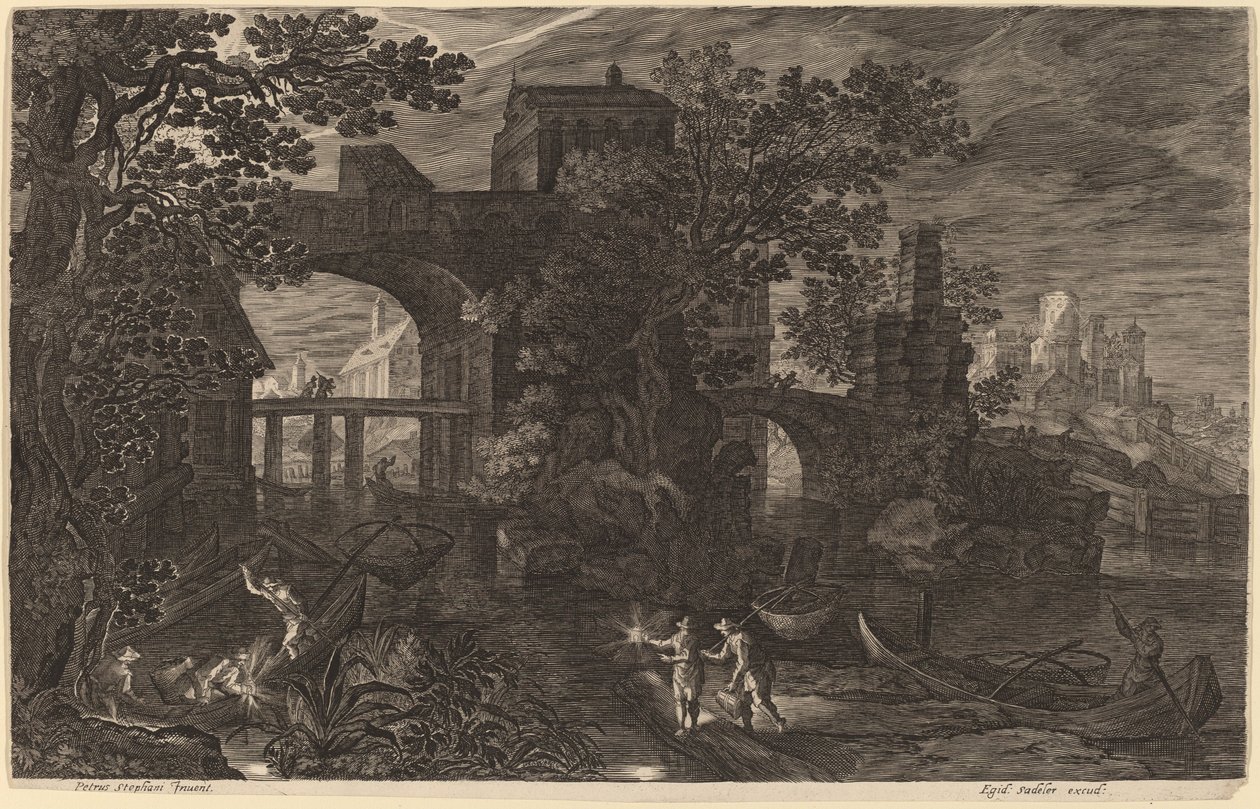 Éjszakai táj folyami halászokkal a városfalakon kívül alkotó: Aegidius Sadeler II after Pieter Stevens