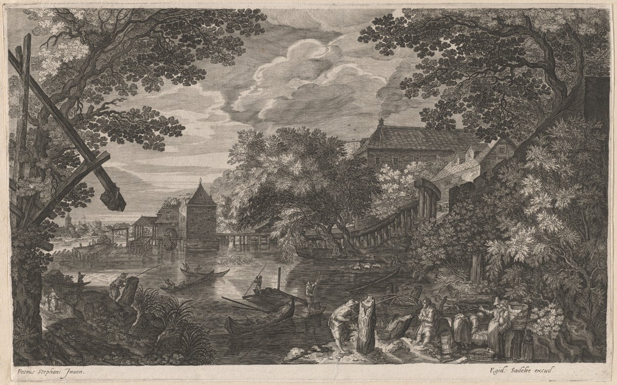 Folyókép halászokkal egy erődített város mellett alkotó: Aegidius Sadeler II after Pieter Stevens
